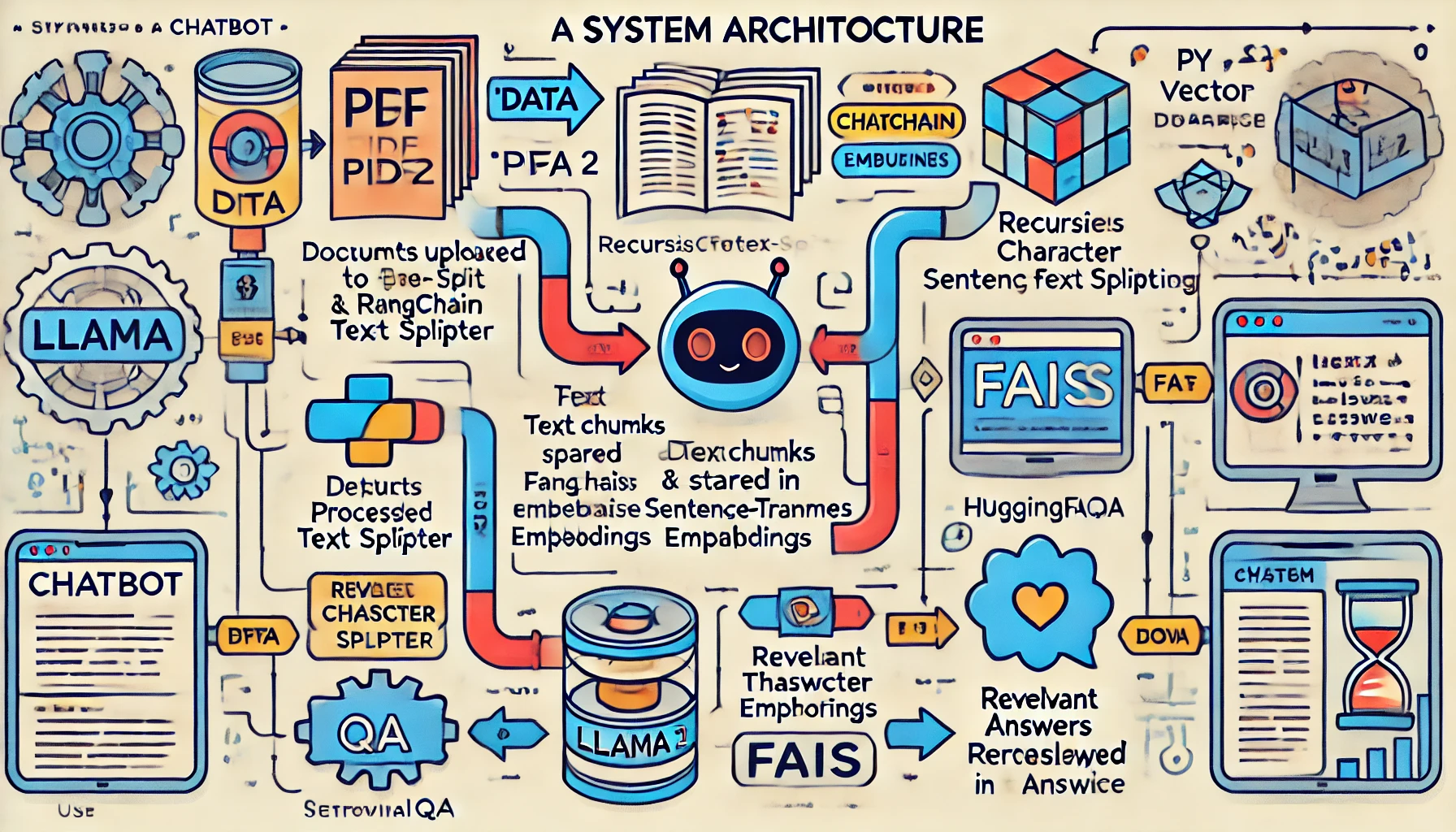 DALL·E 2025-03-28 23.45.06 - A system architecture diagram illustrating a chatbot using Llama 2, LangChain, FAISS, and HuggingFace Embeddings. The flow should include__1. PDF uplo.webp