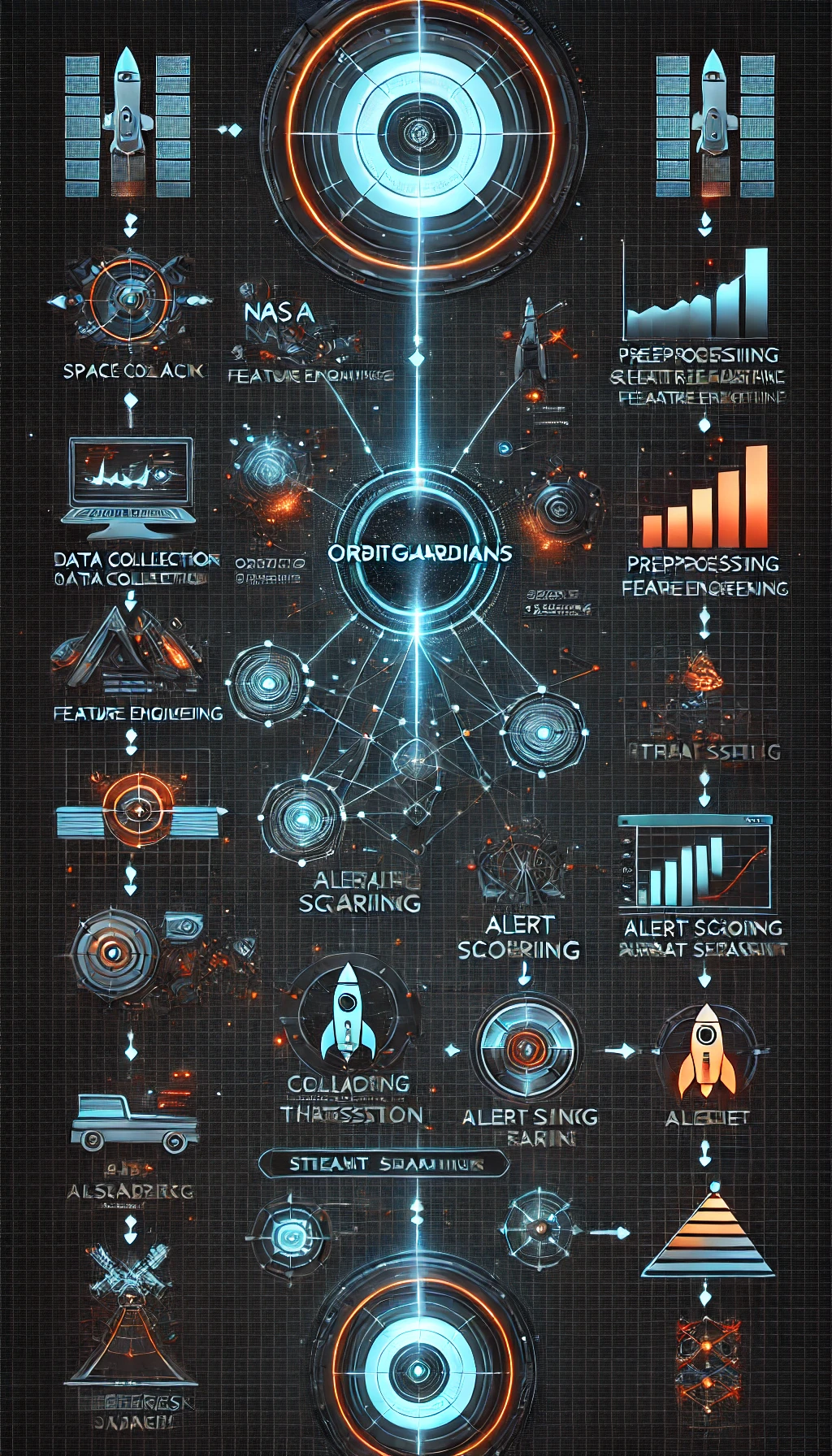DALL·E 2025-03-06 20.33.39 - A futuristic, dark-themed workflow diagram for a project called 'OrbitGuardians'. The design should have a space-tech aesthetic, featuring neon blue a.webp