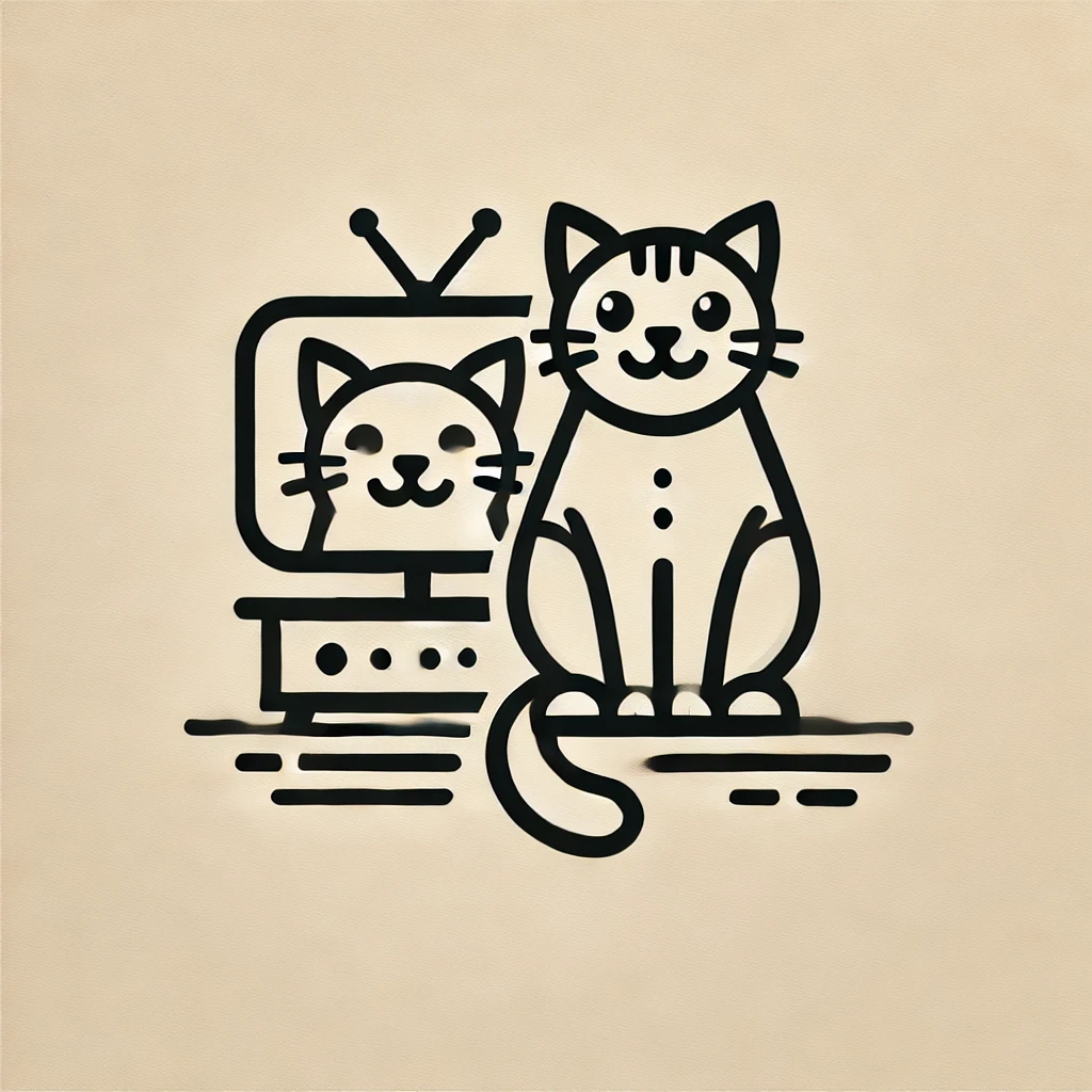 DALL·E 2024-12-29 03.43.31 - A minimalist and logo-friendly illustration of a mischievous cat near a television. The cat is stylized with clean, simple lines and bold shapes, sitt.webp