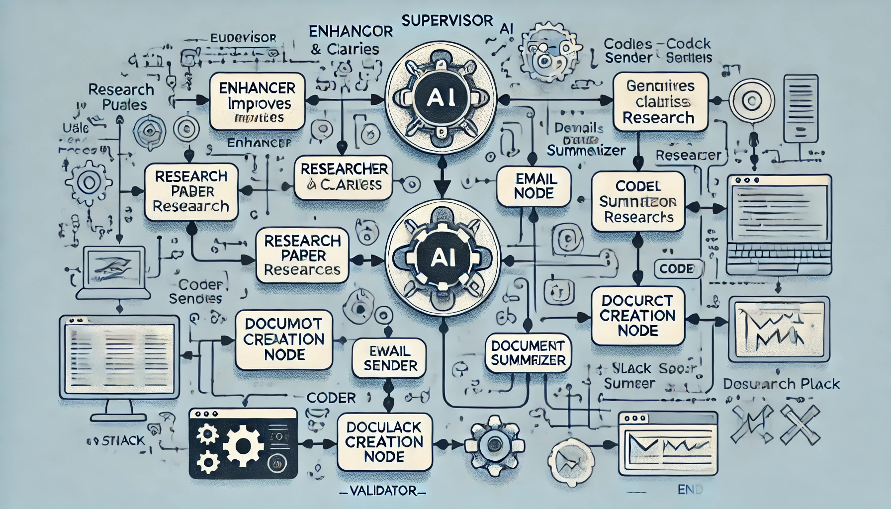 DALL·E 2025-02-12 19.55.53 - A flowchart diagram representing an AI-powered automation agent. The diagram starts with a 'Supervisor' node that connects to multiple task-specific n.webp