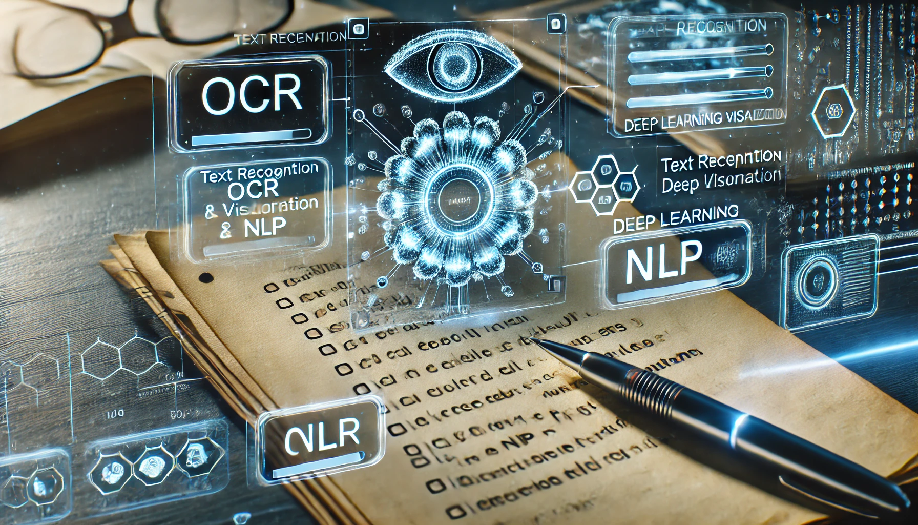 DALL·E 2025-02-10 14.04.04 - A futuristic AI-powered evaluation system for handwritten responses using OCR and NLP. The image features an advanced digital interface analyzing a ha.webp