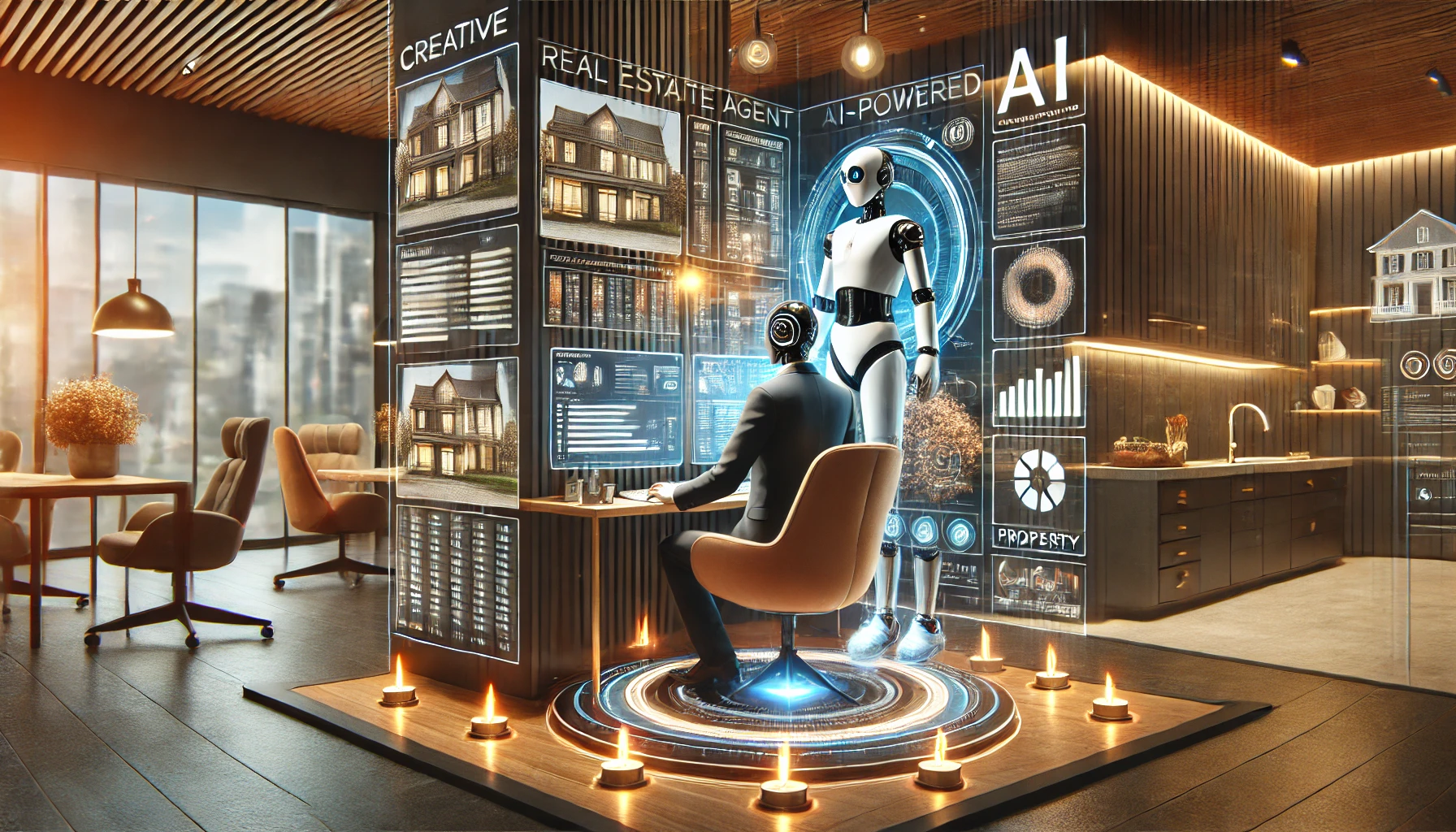 DALL·E 2025-03-22 18.34.04 - A creative and modern AI-powered real estate agent concept without robots. Instead, depict a stylish, professional real estate agent working in a high.webp